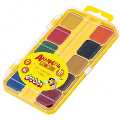 Краски акварельные медовые 10цв АМККМ10Е без кисти пласт.уп Каляка-Маляка