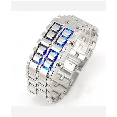 LED-часы "Самурай" Серебристый браслет, синие диоды 9046180