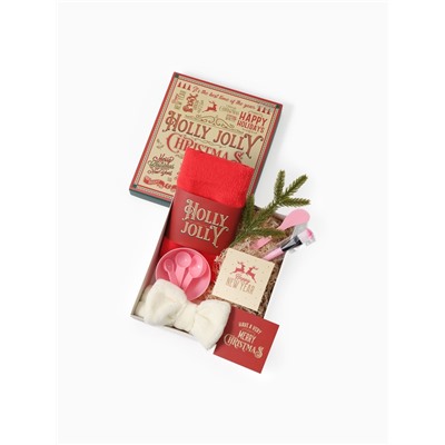 Набор новогодний подарочный «Этель» Holly Jolly, 8 предметов, полотенце, повязка на голову, спонж