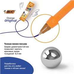 Набор ручек шариковых, BIC Orange Fine, 4 штуки, узел 0.8 мм, чернила синие, черные, красные, зелёные, тонкое письмо, оранжевый корпус, увеличенный ресурс длины письма