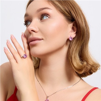 Комплект ювелирной бижутерии серьги, кулон и кольцо 20 р, покрытие посеребрение, вставка: фианит, цвет: розовый, арт.313.196-20