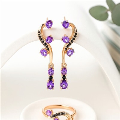 Комплект ювелирной бижутерии коллекция "Дубай" серьги и кольцо 17 р, покрытие позолота, вставка: фианиты, цвет: фиолетовый, арт.215.407-17