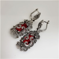 Серьги подвески ювелирная бижутерия, покрытие посеребрение, вставка: фианиты, цвет графит и красный, Уценка,  арт.213.740