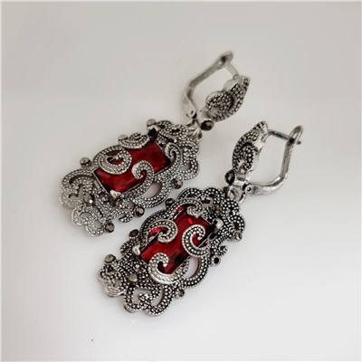Серьги подвески ювелирная бижутерия, покрытие посеребрение, вставка: фианиты, цвет графит и красный, Уценка,  арт.213.740