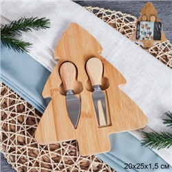 Доска-поднос Елка Новогодняя 20x25x1,5 см / KF-S12 /уп 48/ нож и вилка