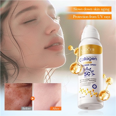 (НЕМНОГО ПОДТЕКШИЙ) Солнцезащитный спрей для лица и тела с Коллагеном SPF50 Sadoer, 150 мл.