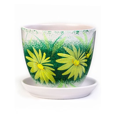 Горшок цветочный «Гербера», керамический, с поддоном, 1 л, белый с зелёным рисунком