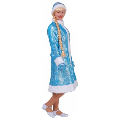 Костюм карнавальный «Снегурочка», шуба из парчи, шапка, варежки, голубой, р. 46