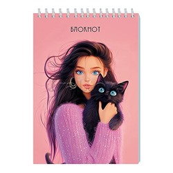 Блокнот 48л. А5 клетка "Девушка с котенком" на гребне, обл. лам. карт
