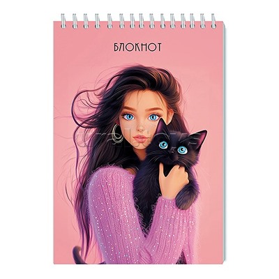 Блокнот 48л. А5 клетка "Девушка с котенком" на гребне, обл. лам. карт