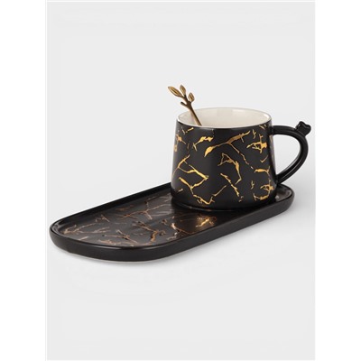Чайная пара «Мрамор», 2 предмета: чашка 250 мл, блюдце 13.5×11×1 см, керамика, чёрная