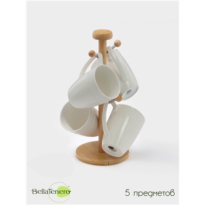 Набор кружек BellaTenero, 300 мл, 4 шт., на бамбуковой подставке, фарфор, белый