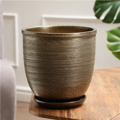 УЦЕНКА Горшок цветочный с поддоном 5л, темное золото керамика, "Золото" (М)