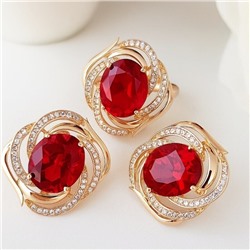 Комплект ювелирной бижутерии коллекция "Дубай" серьги и кольцо 18 р, покрытие позолота, вставка: фианиты, цвет: красный и прозрачный, арт.215.401-18