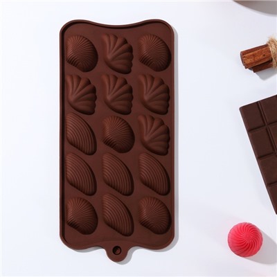 Форма для конфет и шоколада Доляна «Ракушки», силикон, 22×10.5×1 см, 15 ячеек (2.7×3.4 см), коричневая