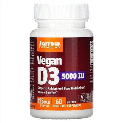 Jarrow Formulas, витамин D3 для веганов, 125 мкг (5000 МЕ), 60 растительных капсул