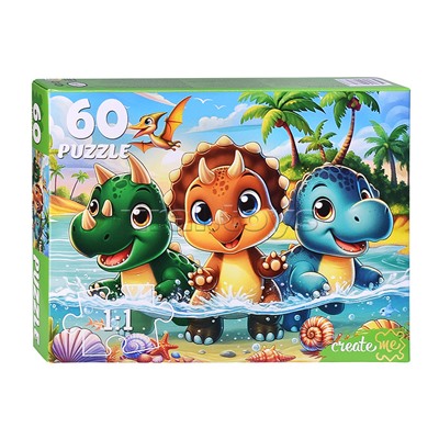 Пазлы 60 "Три динозавра на море"