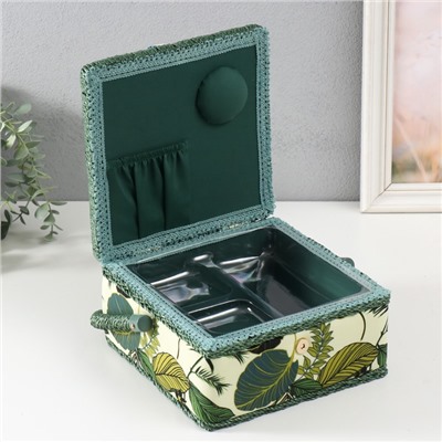 Шкатулка для рукоделия и шитья «Тропические листья на зелёном», хранение ниток, иголок, мелочи, 20×20×11 см