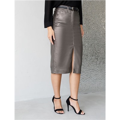 Юбка карандаш металлик средней длины с разрезом из эластичного денима