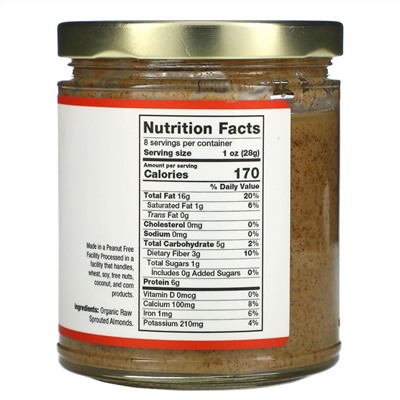 Jiva Organics, Raw Sprouted Almond Butter, Creamy - Unsalted, 8 oz (228 g)