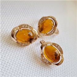 Комплект ювелирной бижутерии коллекция "Дубай",серьги и кольцо покрытие позолота, вставка: янтарь и фианиты, р-р 17, 8200, арт.216.360-17