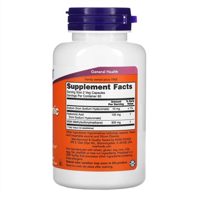Now Foods, гиалуроновая кислота и МСМ, 50 мг, 120 растительных капсул