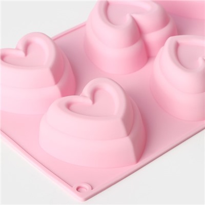 Форма для выпечки Доляна «Сердце в сердце», силикон, 17.5×30 см, 6 ячеек (8×8 см), розовая