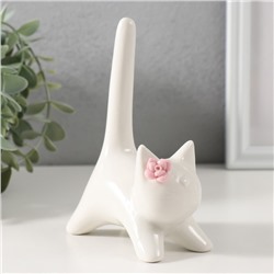 Фигурка керамика «Котик белый с длинным хвостом и розовым цветком», 9.4×5.3×14 см