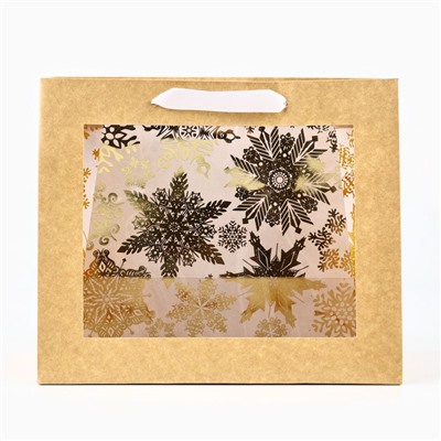 Пакет подарочный новогодний крафтовый с пластиковым окном Gold, 24×20×11 см