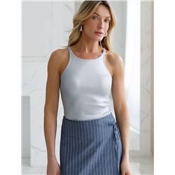 Топ с закрытым декольте из хлопка с эластаном в рубчик с матовым покрытием металлик