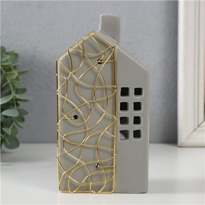 Подсвечник на 1 свечу «Дом», керамика, металл, серый с золотом, 9×6.3×16.7 см