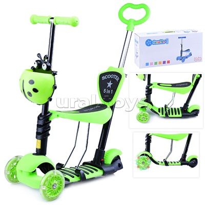 Самокат 3-х кол., зелёный, светящиеся колёса, PVC, ABEC 7, в коробке