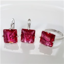 Комплект ювелирная бижутерия серьги и кольцо 18 р, покрытие: посеребрение, вставка: фианиты, цвет: красный, арт.215.453-18