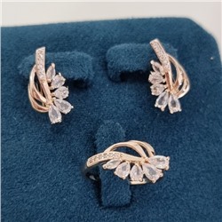 Комплект ювелирной бижутерии коллекция "Дубай" серьги и кольцо 18 р, покрытие позолота, вставка: фианиты и цирконы, цвет: прозрачный, арт.215.749-18