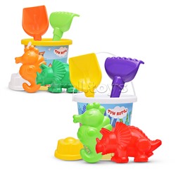 Песочный набор "Три кота" №16: Ведро с наклейкой, лопатка №5, грабельки №5, формочки (цветок + морской конёк + динозавр №1)