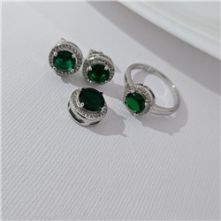 Комплект ювелирной бижутерии серьги, кулон и кольцо 18 р, покрытие посеребрение, вставка: фианиты, цвет: зеленый и прозрачный, арт.313.251-18
