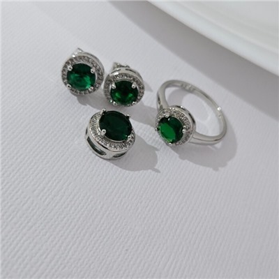 Комплект ювелирной бижутерии серьги, кулон и кольцо 19 р, покрытие посеребрение, вставка: фианиты, цвет: зеленый и прозрачный, арт.313.251-19