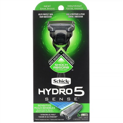 Schick, Hydro 5 Sense, бритва, для чувствительной кожи, 1 бритва, 2 кассеты