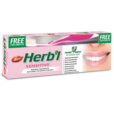 Dabur Herb'l Sensitive Toothpaste with Toothbrush / Дабур Зубная Паста для Чувствительной Эмали Натуральная + Зубная Щётка Ср. Жесткости 150 г
