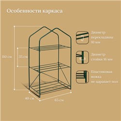 Стеллаж для рассады, 3 полки, 110 × 65 × 40 см, металлический каркас d = 16 мм, без чехла