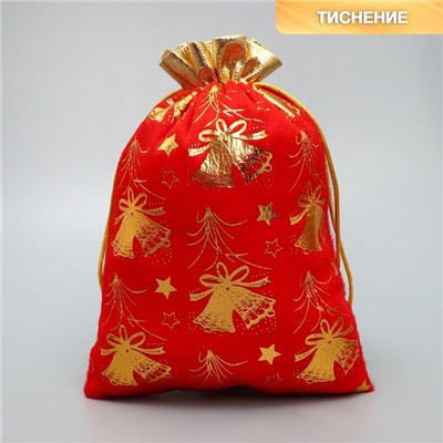 Мешочек подарочный новогодний плюш «Золотые фейерверки», колокольчики, тиснение, 16×24 см ± 1.5 см