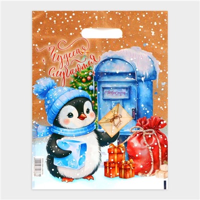 Пакет подарочный новогодний «Пингвинёнок почтальон», полиэтиленовый с вырубной ручкой, 30×40 см