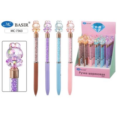 Ручка шариковая поворотная, "ЗАЙЧИК" комбинированный корпус, цветной, со стразами, синяя МС-7363 Basir