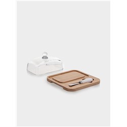 Маслёнка, 19×18×9.5 см, с ножом, на бамбуковой подставке, стекло, прозрачная