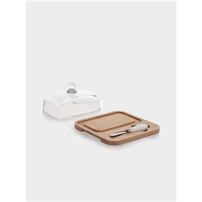 Маслёнка, 19×18×9.5 см, с ножом, на бамбуковой подставке, стекло, прозрачная