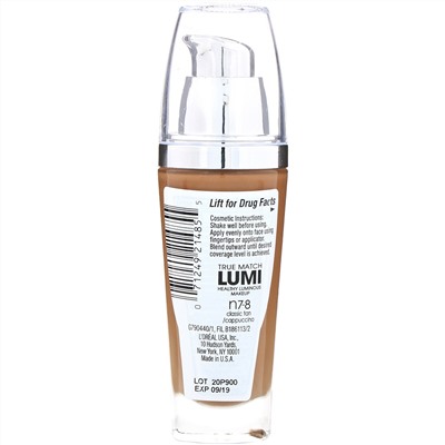 L'Oreal, Тональная основа True Match Healthy Luminous Makeup, SPF 20, оттенок классический загар/капучино N7-8, 30 мл