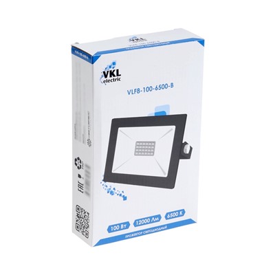Прожектор светодиодный VKL Electric, 100 Вт, 12000 лм, 6500К, IP65, 220 В, чёрный, свечение холодное белое