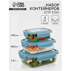 Набор контейнеров, 3 шт.: 410/690/1040 мл, стекло, прозрачный, синяя крышка