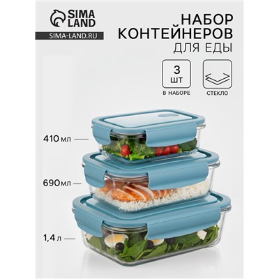 Набор контейнеров, 3 шт.: 410/690/1040 мл, стекло, прозрачный, синяя крышка