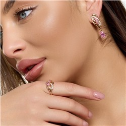 Комплект ювелирной бижутерии коллекция "Дубай" серьги и кольцо 18 р, покрытие позолота, вставка: фианиты и цирконы, цвет: розовый и прозрачный, арт.215.737-18